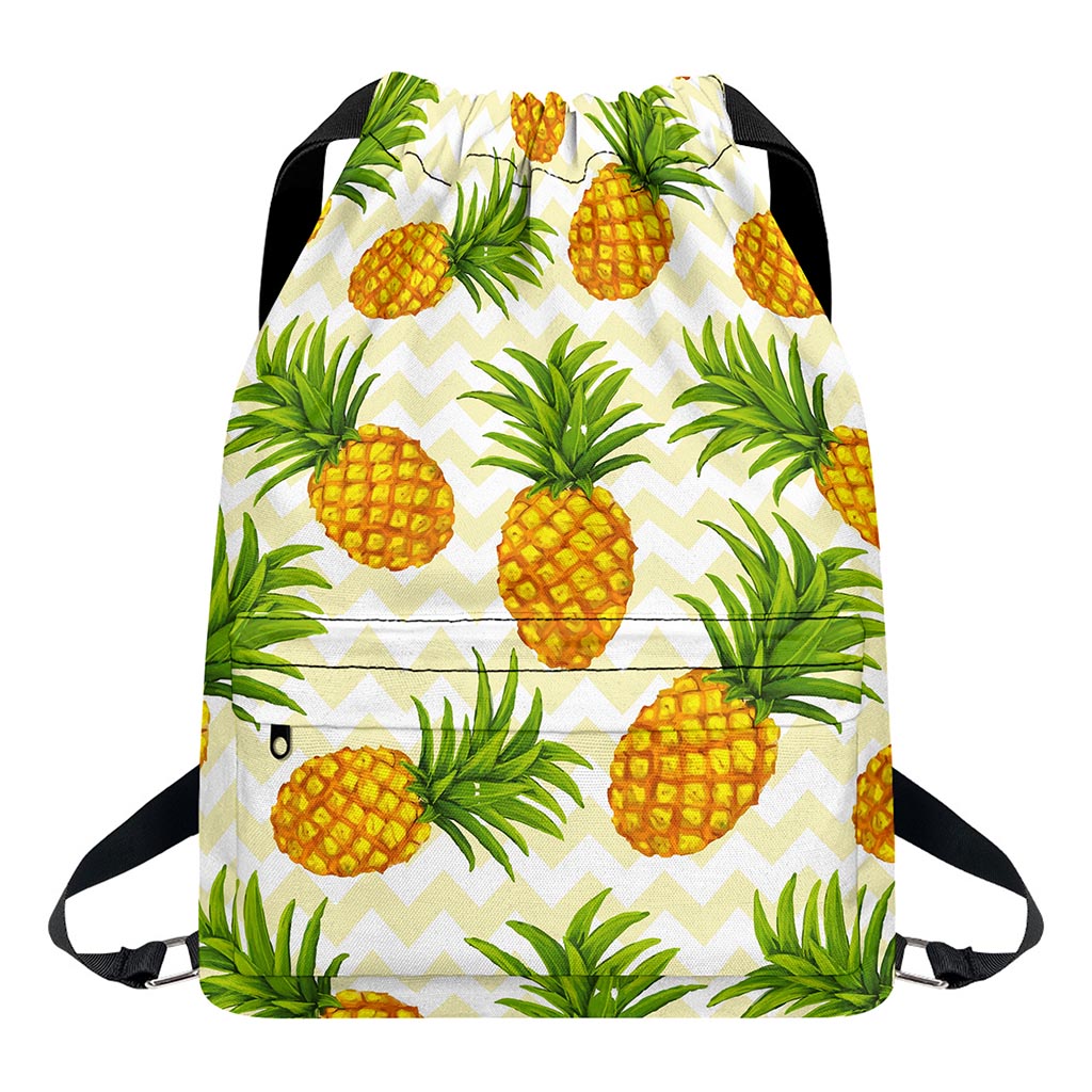 Beige Zig Zag Pineapple Pattern Print Drawstring Backpack