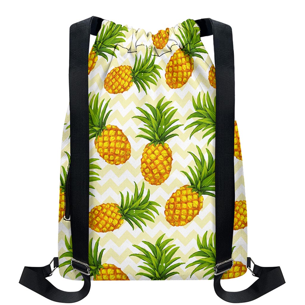 Beige Zig Zag Pineapple Pattern Print Drawstring Backpack