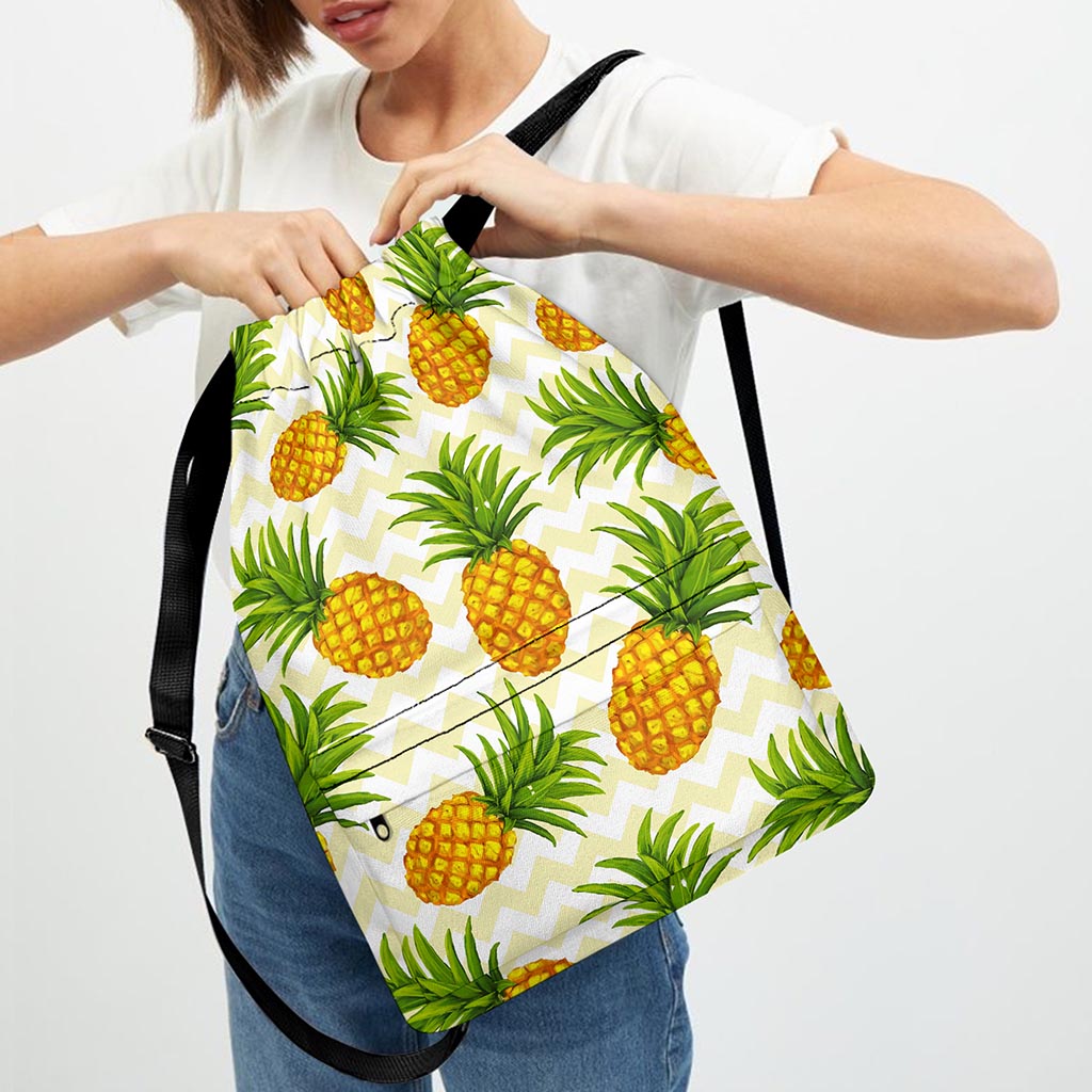 Beige Zig Zag Pineapple Pattern Print Drawstring Backpack