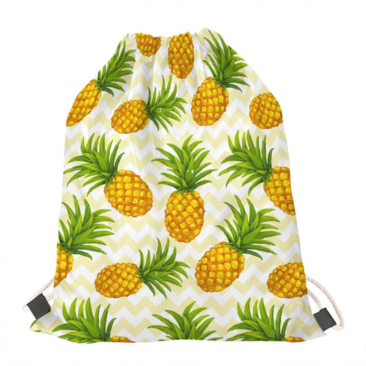 Beige Zig Zag Pineapple Pattern Print Drawstring Bag