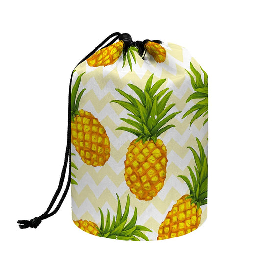 Beige Zig Zag Pineapple Pattern Print Drawstring Makeup Bag