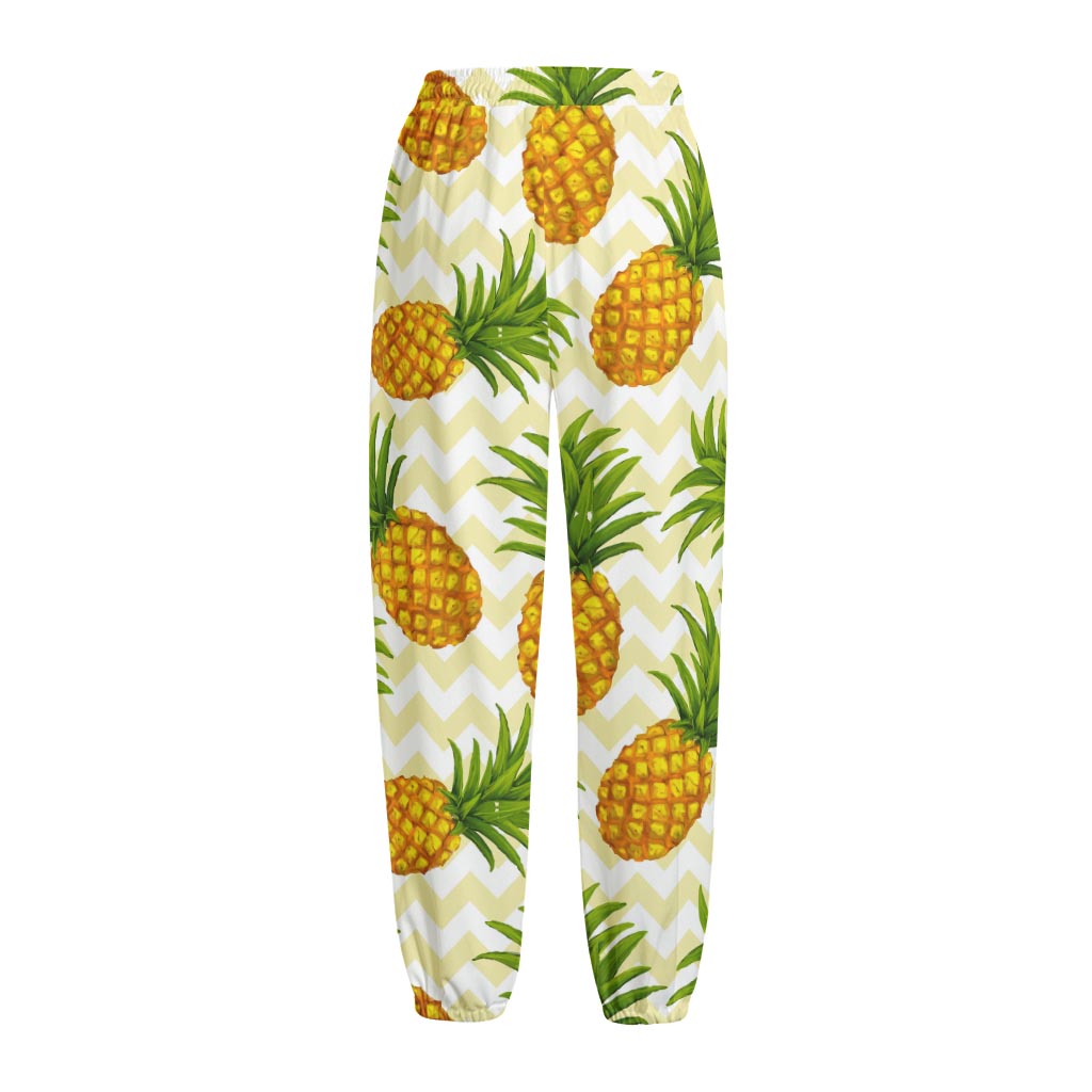 Beige Zig Zag Pineapple Pattern Print Fleece Lined Knit Pants