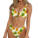 Beige Zig Zag Pineapple Pattern Print Front Bow Tie Bikini