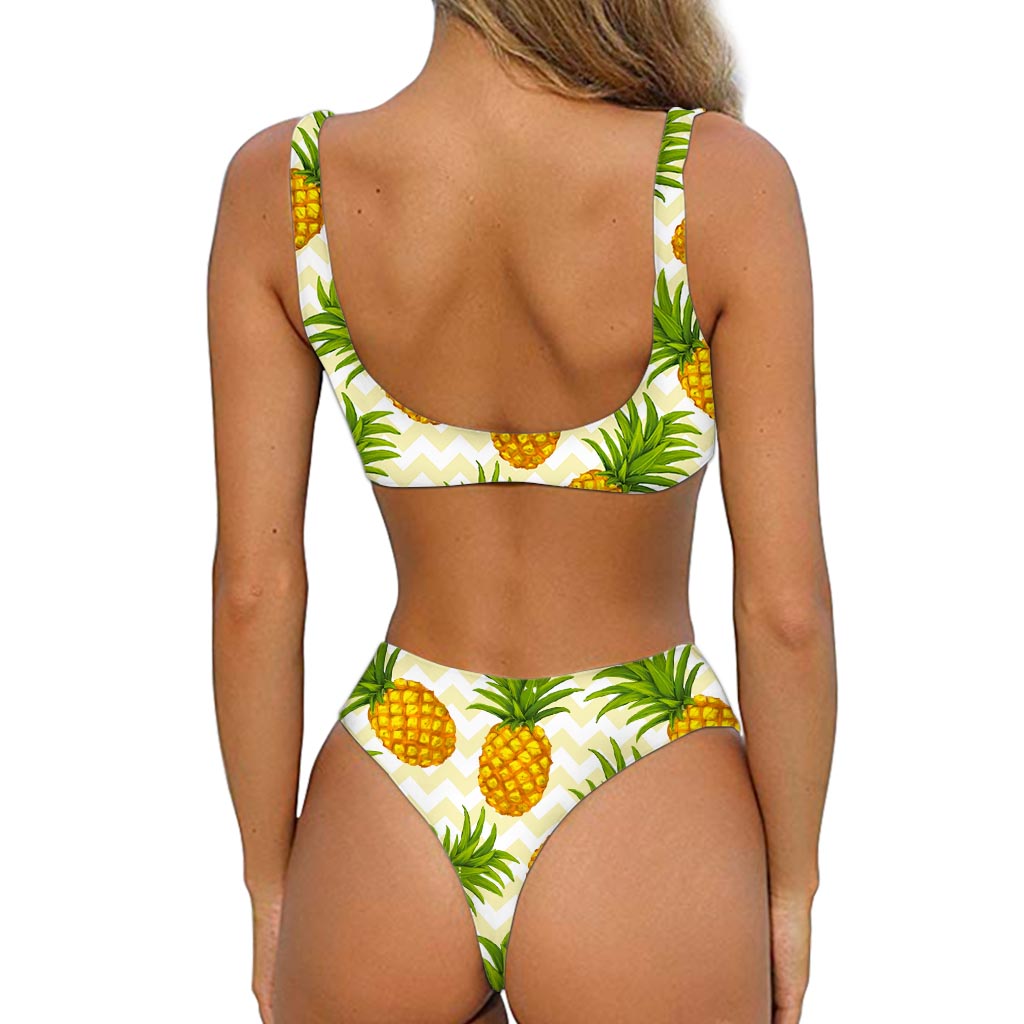 Beige Zig Zag Pineapple Pattern Print Front Bow Tie Bikini