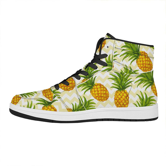 Beige Zig Zag Pineapple Pattern Print High Top Leather Sneakers