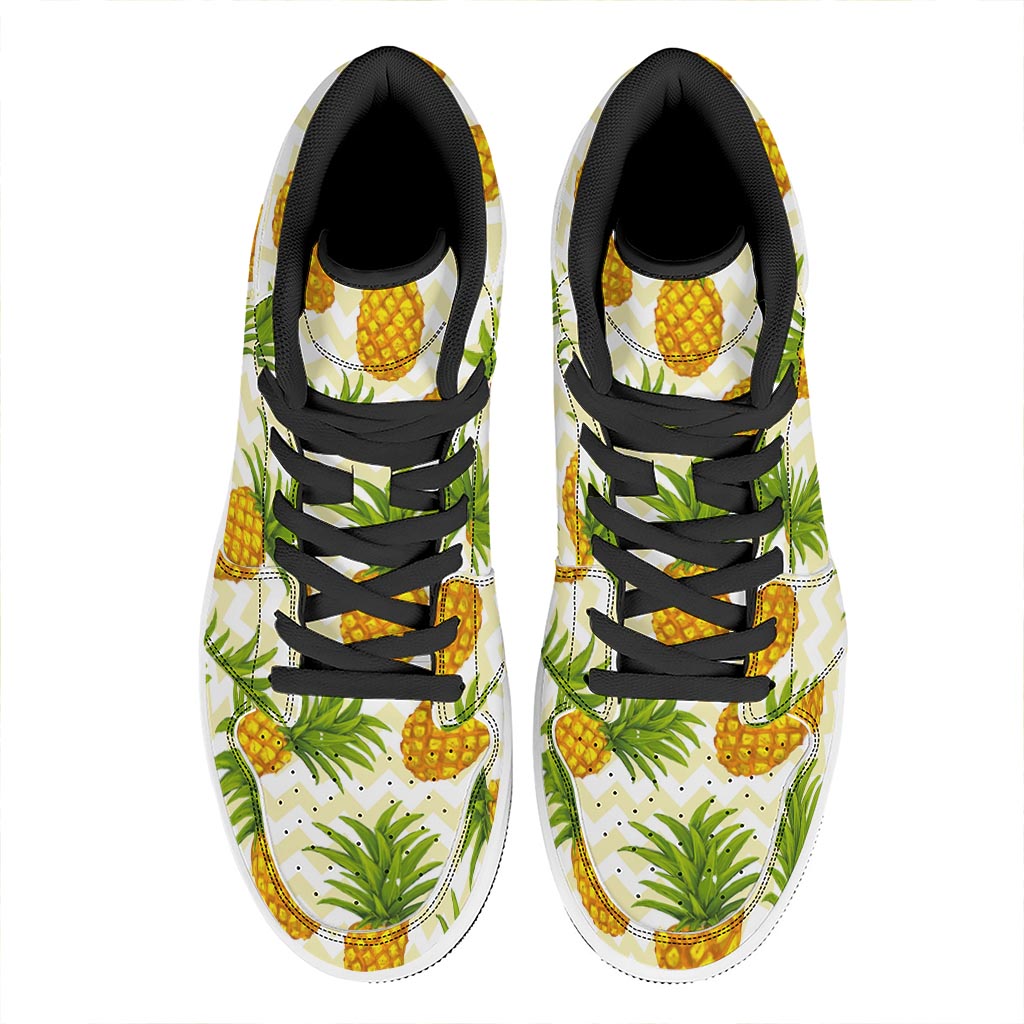 Beige Zig Zag Pineapple Pattern Print High Top Leather Sneakers