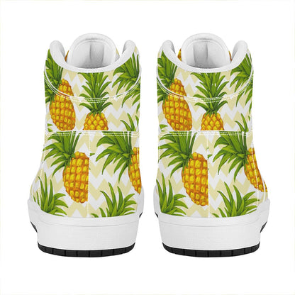 Beige Zig Zag Pineapple Pattern Print High Top Leather Sneakers