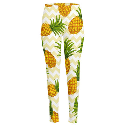 Beige Zig Zag Pineapple Pattern Print High-Waisted Pocket Leggings