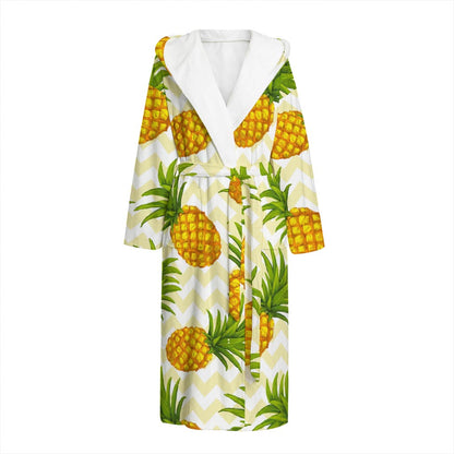 Beige Zig Zag Pineapple Pattern Print Hooded Bathrobe