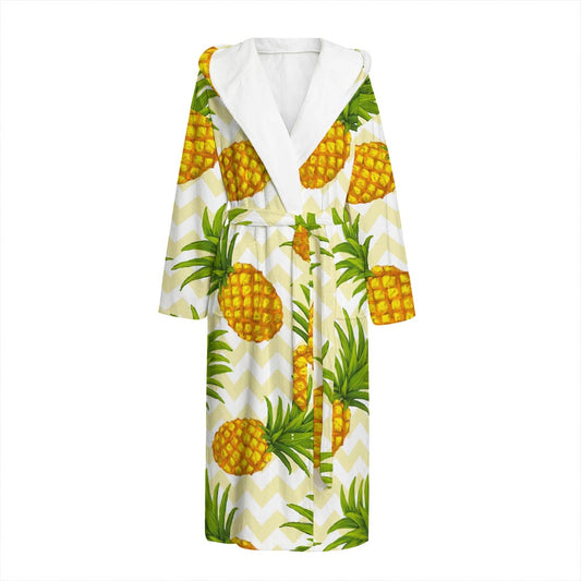 Beige Zig Zag Pineapple Pattern Print Hooded Bathrobe