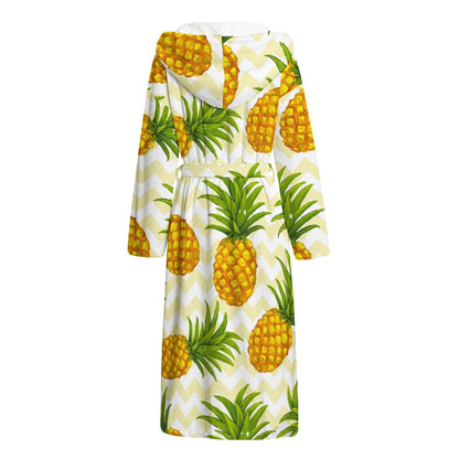 Beige Zig Zag Pineapple Pattern Print Hooded Bathrobe