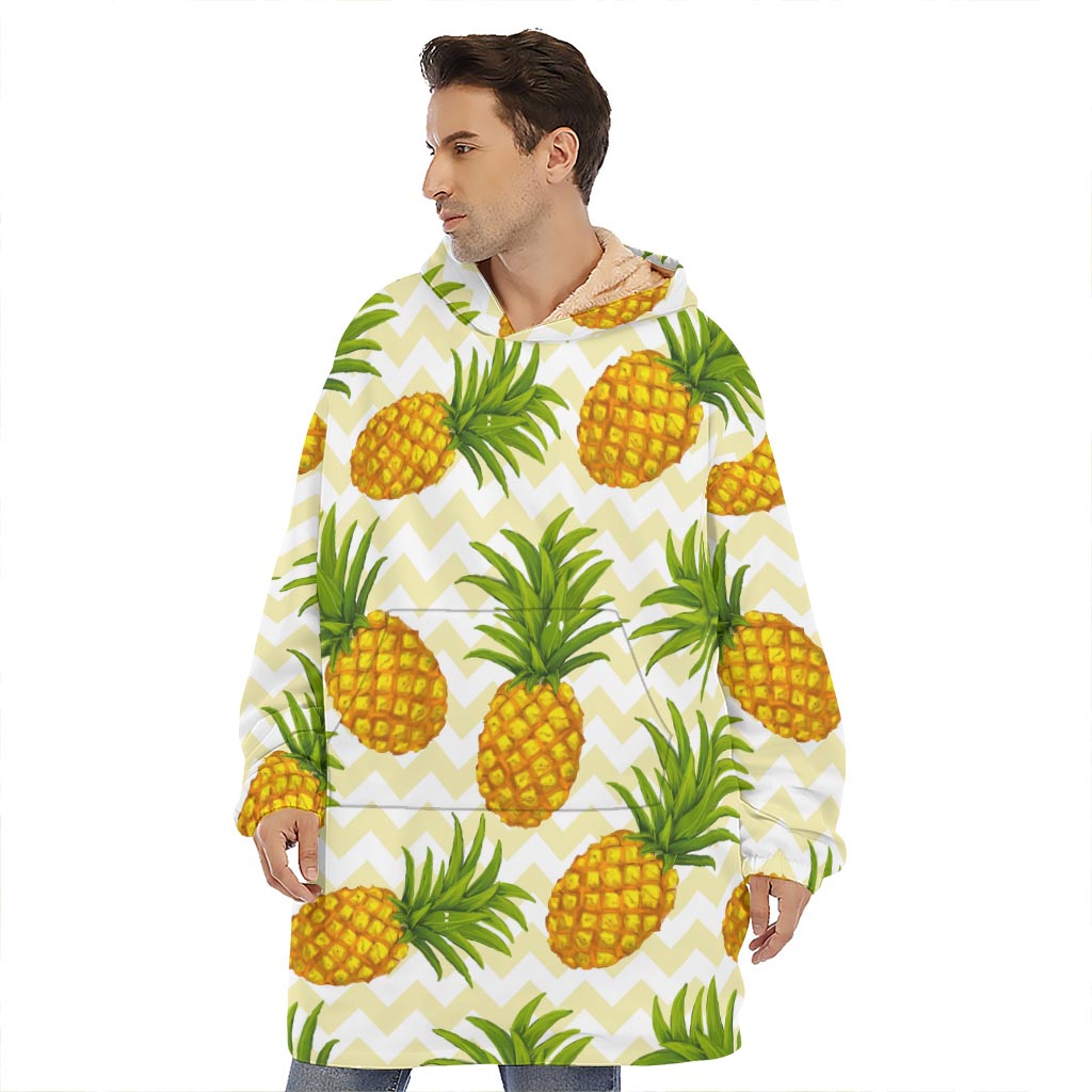 Beige Zig Zag Pineapple Pattern Print Hoodie Blanket