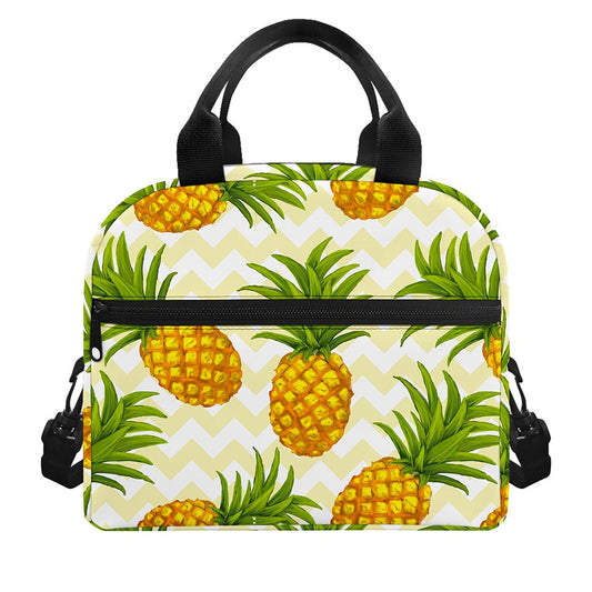 Beige Zig Zag Pineapple Pattern Print Insulated Lunch Bag
