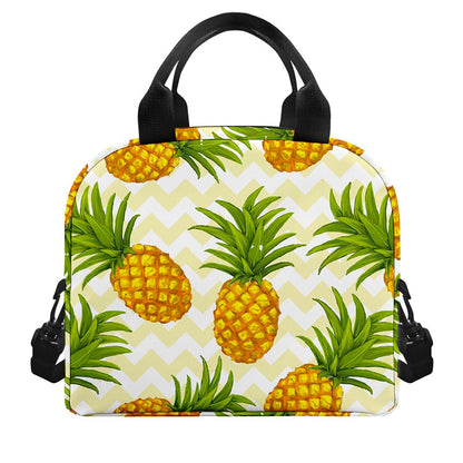 Beige Zig Zag Pineapple Pattern Print Insulated Lunch Bag