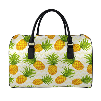 Beige Zig Zag Pineapple Pattern Print Leather Duffle Bag