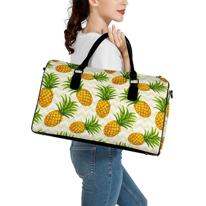 Beige Zig Zag Pineapple Pattern Print Leather Duffle Bag
