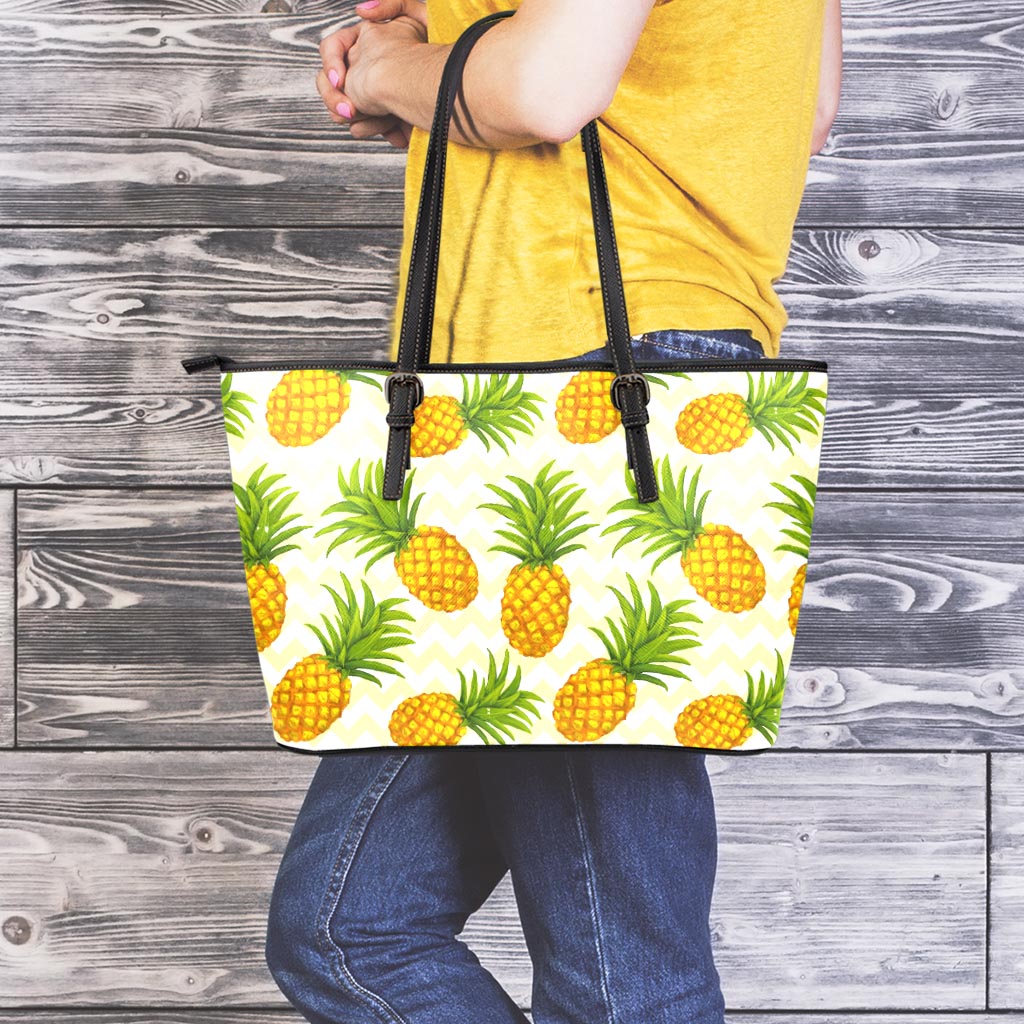 Beige Zig Zag Pineapple Pattern Print Leather Tote Bag
