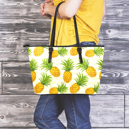 Beige Zig Zag Pineapple Pattern Print Leather Tote Bag