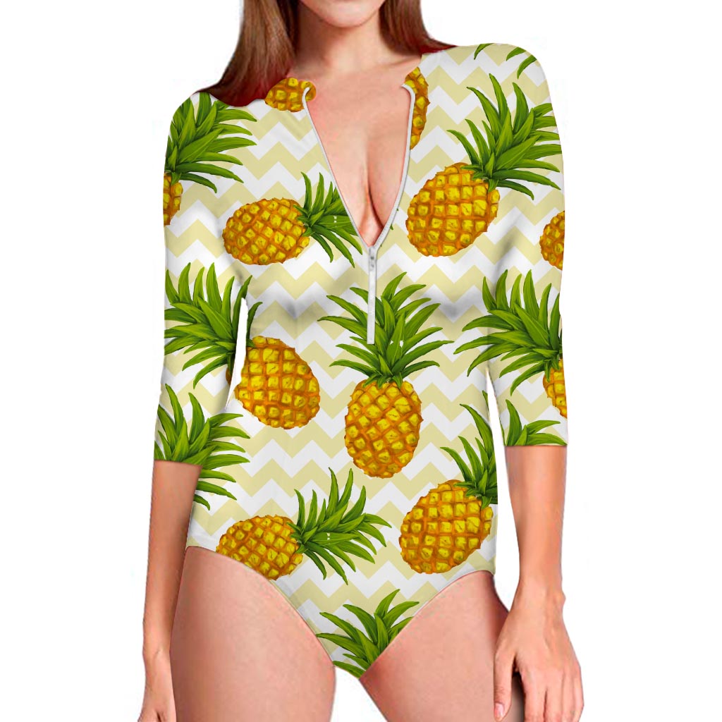 Beige Zig Zag Pineapple Pattern Print Long Sleeve Swimsuit