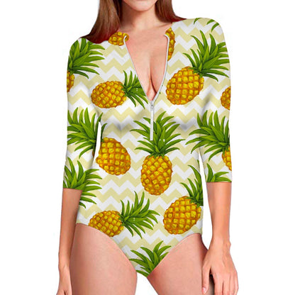 Beige Zig Zag Pineapple Pattern Print Long Sleeve Swimsuit