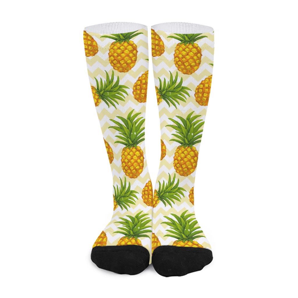 Beige Zig Zag Pineapple Pattern Print Long Socks