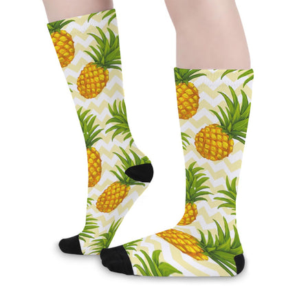 Beige Zig Zag Pineapple Pattern Print Long Socks