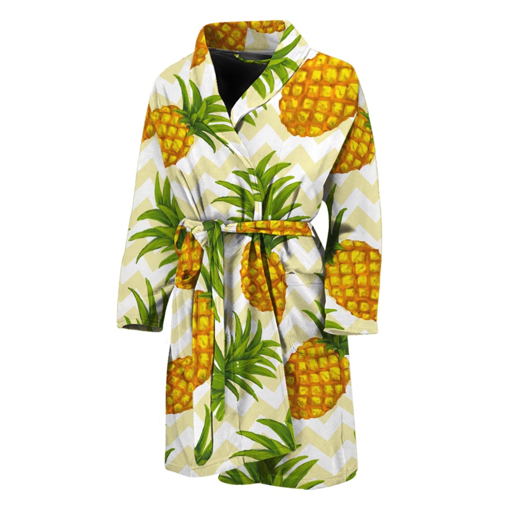 Beige Zig Zag Pineapple Pattern Print Men's Bathrobe