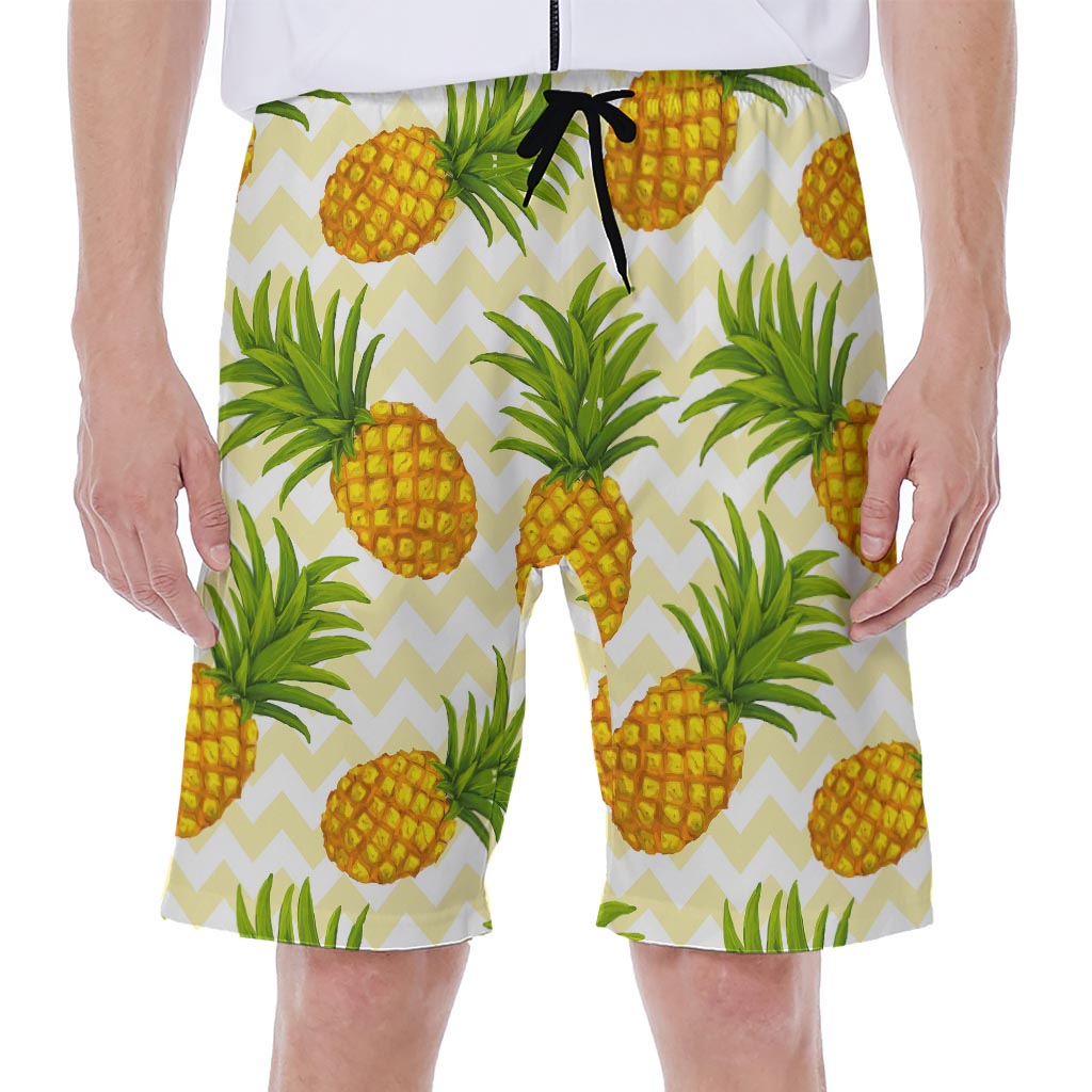 Beige Zig Zag Pineapple Pattern Print Men's Beach Shorts