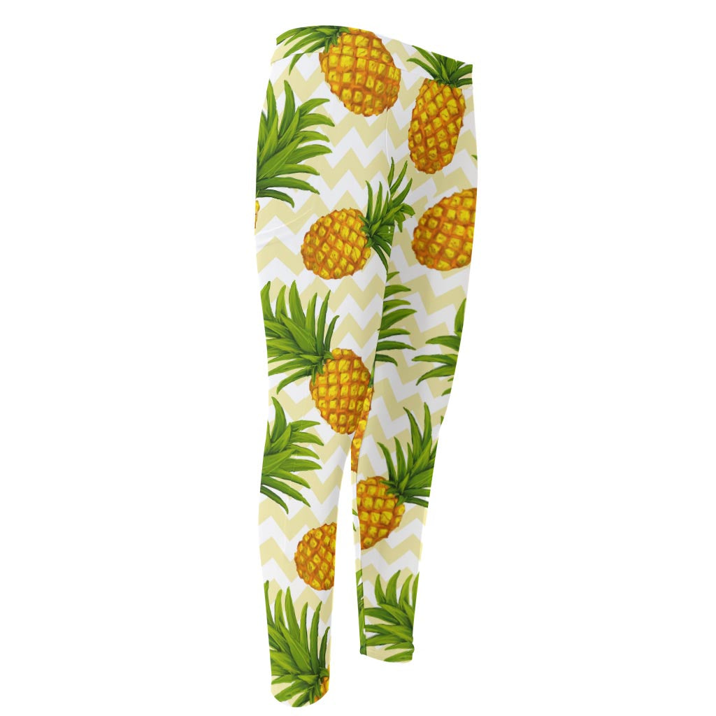 Beige Zig Zag Pineapple Pattern Print Men's Compression Pants