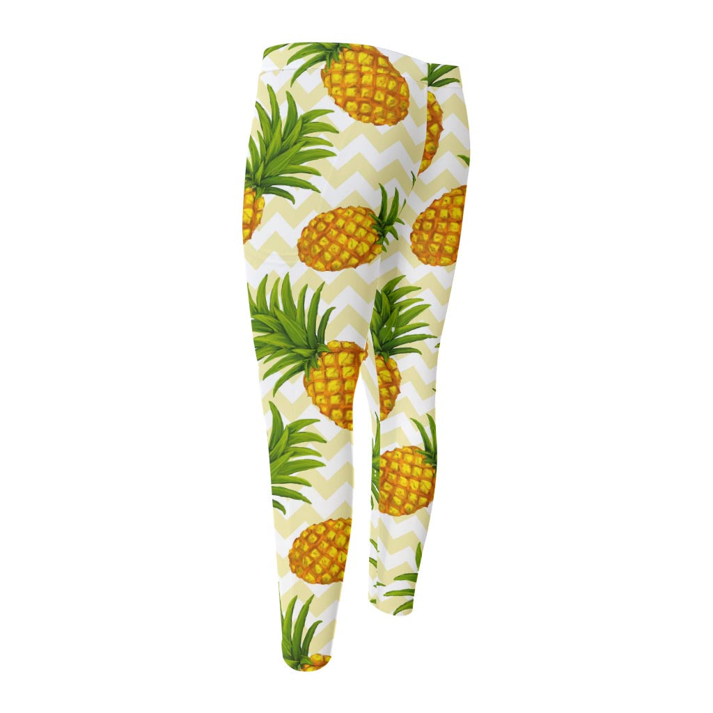 Beige Zig Zag Pineapple Pattern Print Men's Compression Pants