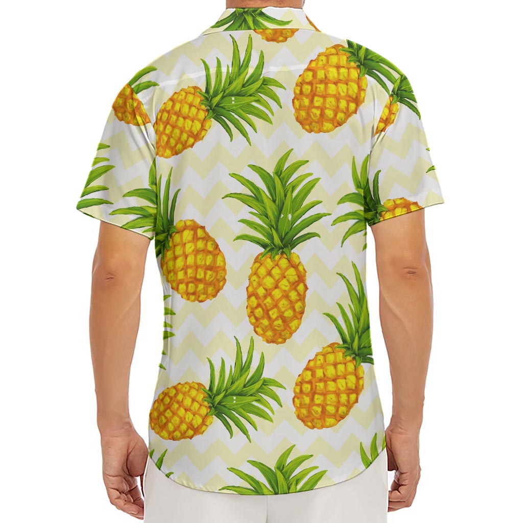 Beige Zig Zag Pineapple Pattern Print Men's Deep V-Neck Shirt