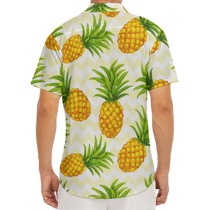 Beige Zig Zag Pineapple Pattern Print Men's Deep V-Neck Shirt