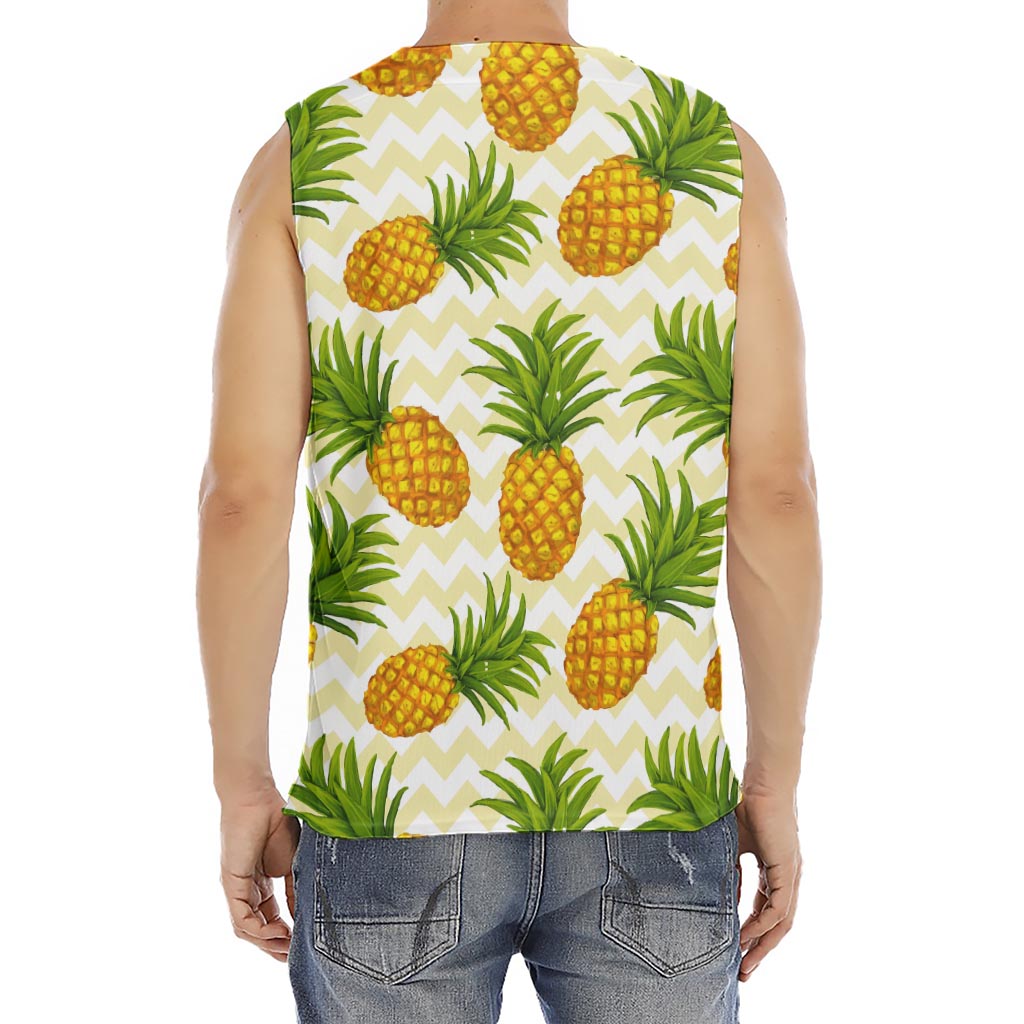 Beige Zig Zag Pineapple Pattern Print Men's Fitness Tank Top