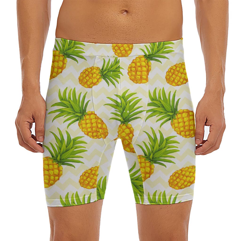 Beige Zig Zag Pineapple Pattern Print Men's Long Boxer Briefs