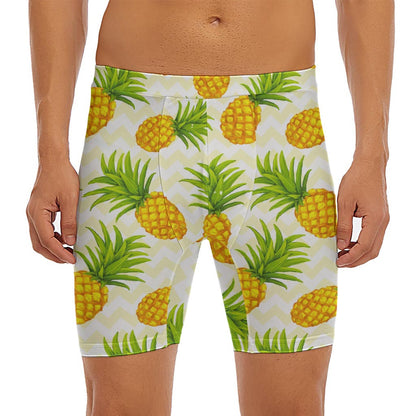 Beige Zig Zag Pineapple Pattern Print Men's Long Boxer Briefs