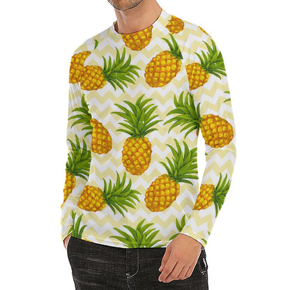 Beige Zig Zag Pineapple Pattern Print Men's Long Sleeve Rash Guard
