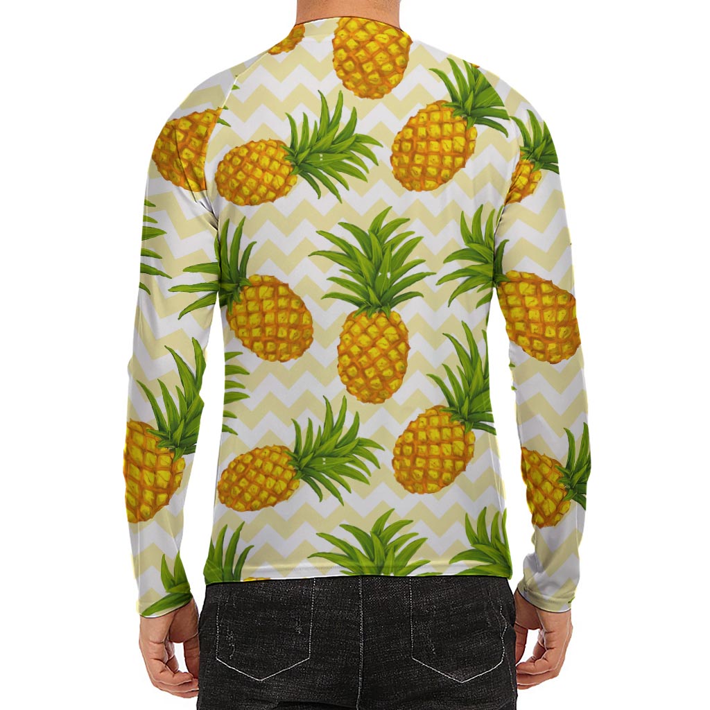Beige Zig Zag Pineapple Pattern Print Men's Long Sleeve Rash Guard