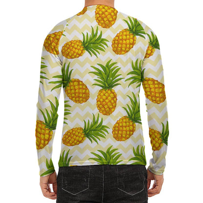 Beige Zig Zag Pineapple Pattern Print Men's Long Sleeve Rash Guard