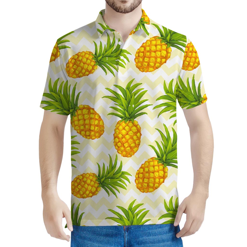 Beige Zig Zag Pineapple Pattern Print Men's Polo Shirt