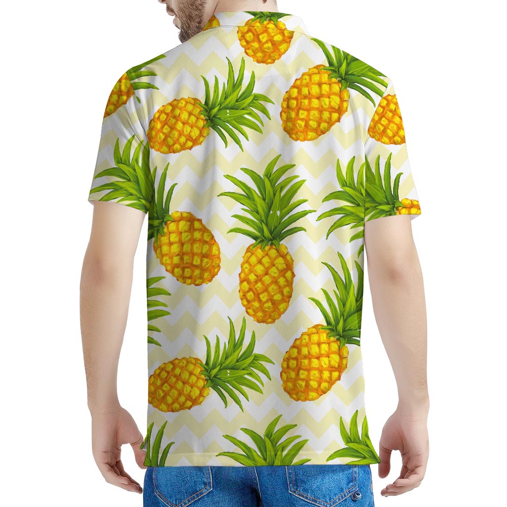 Beige Zig Zag Pineapple Pattern Print Men's Polo Shirt