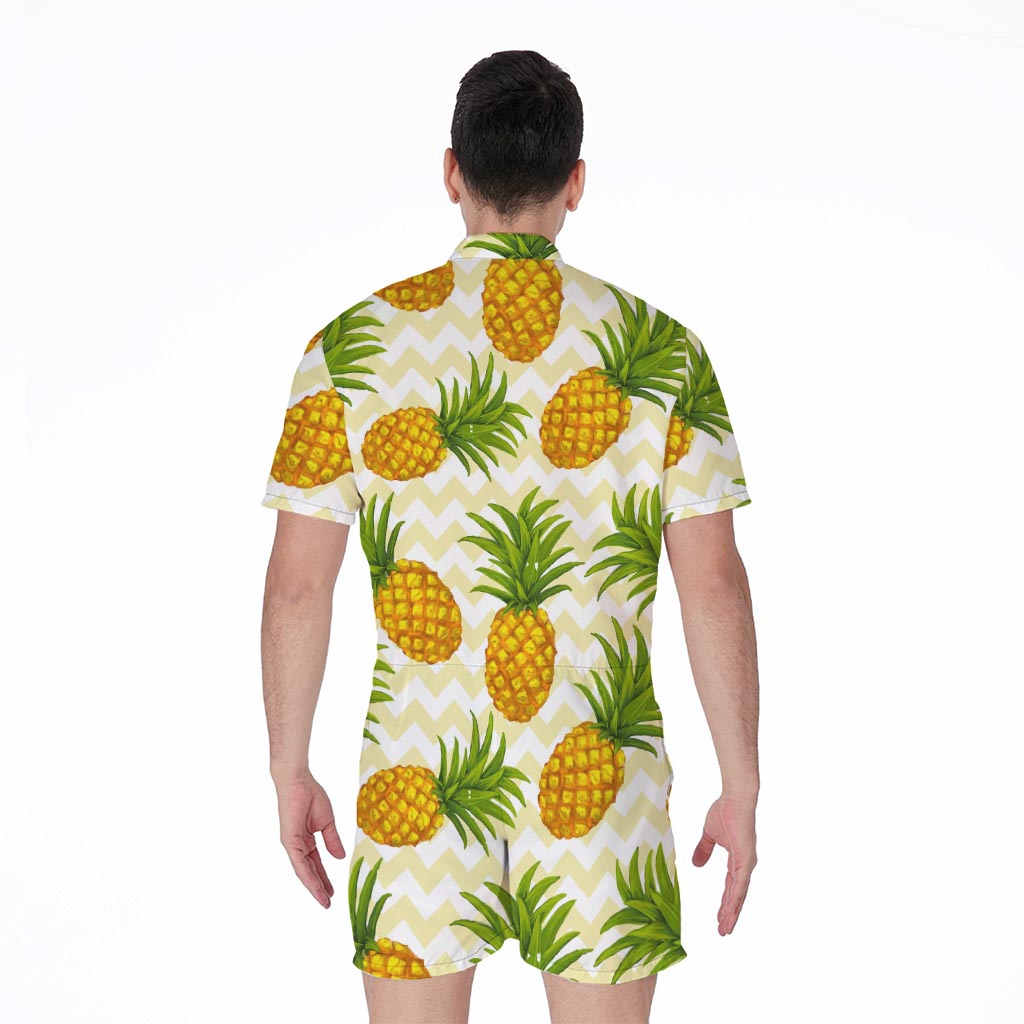 Beige Zig Zag Pineapple Pattern Print Men's Rompers
