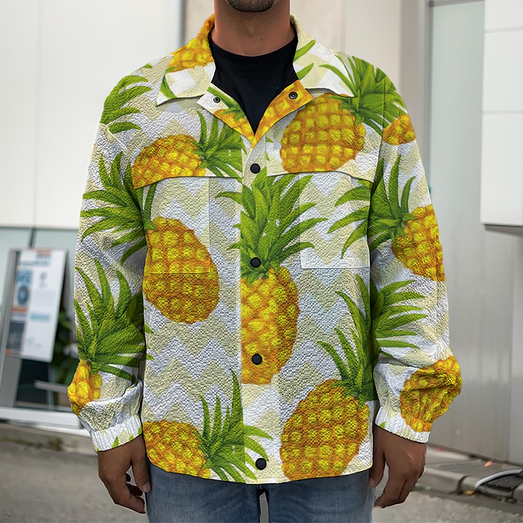 Beige Zig Zag Pineapple Pattern Print Men's Shirt Jacket