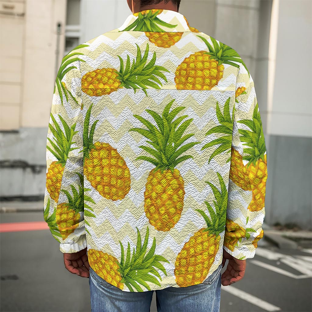 Beige Zig Zag Pineapple Pattern Print Men's Shirt Jacket
