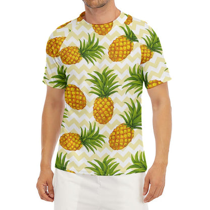 Beige Zig Zag Pineapple Pattern Print Men's Short Sleeve Rash Guard