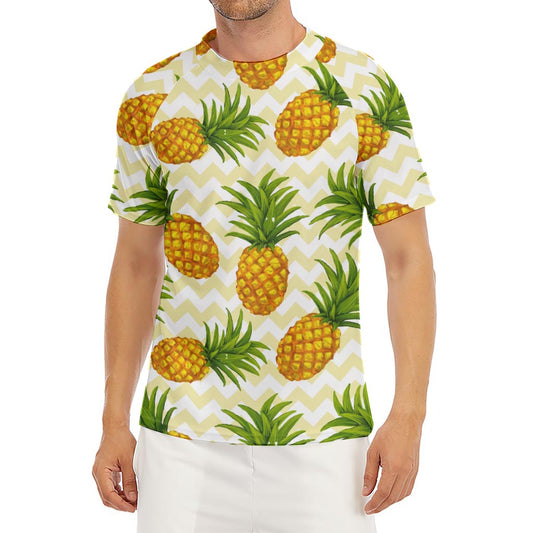 Beige Zig Zag Pineapple Pattern Print Men's Short Sleeve Rash Guard