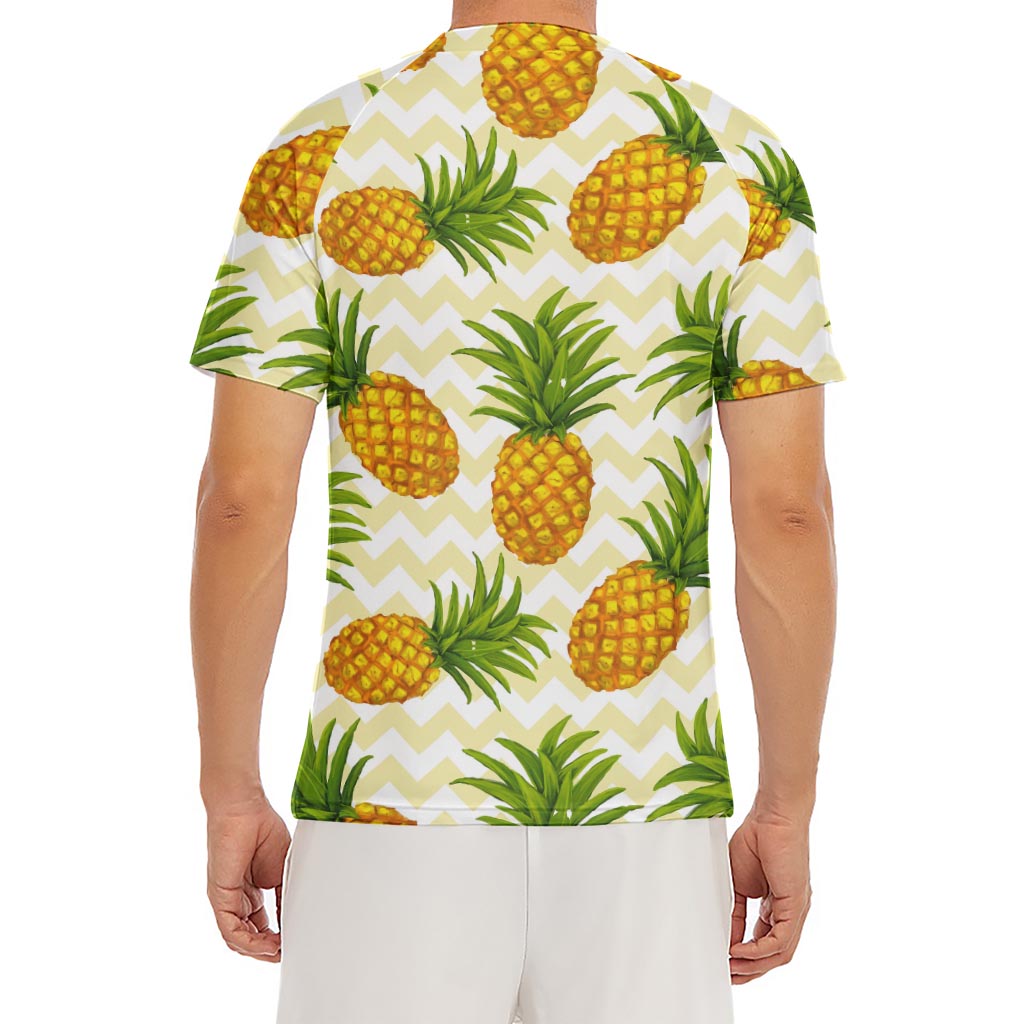 Beige Zig Zag Pineapple Pattern Print Men's Short Sleeve Rash Guard