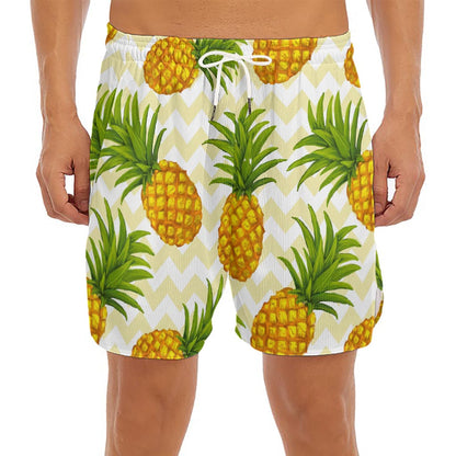 Beige Zig Zag Pineapple Pattern Print Men's Split Running Shorts