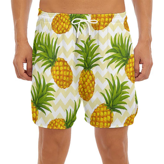 Beige Zig Zag Pineapple Pattern Print Men's Split Running Shorts