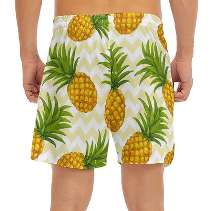 Beige Zig Zag Pineapple Pattern Print Men's Split Running Shorts