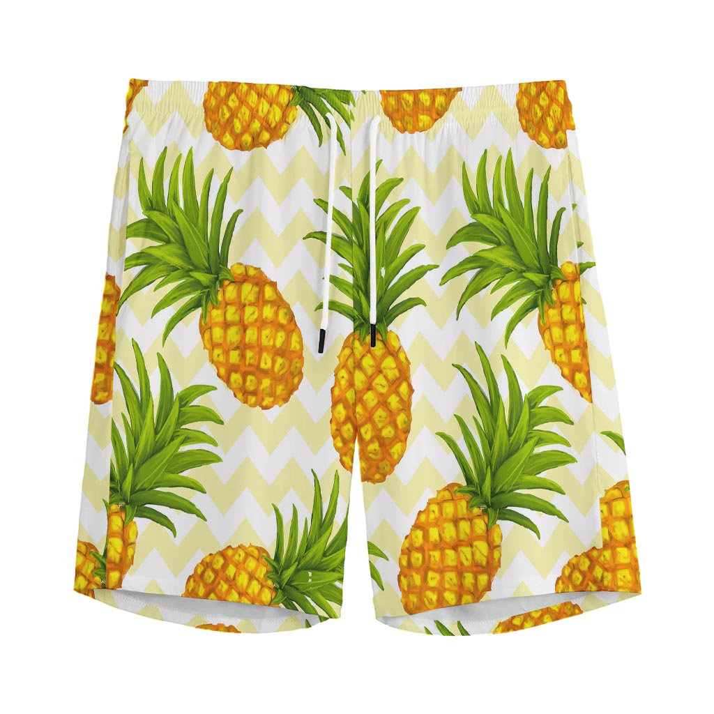 Beige Zig Zag Pineapple Pattern Print Men's Sports Shorts